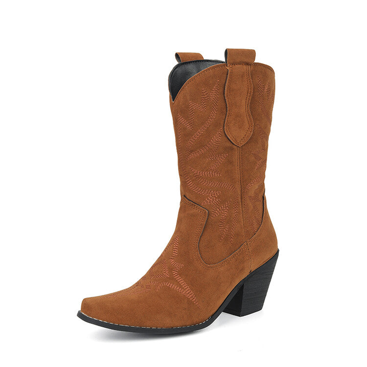 Women's Embroider Square Toe Block Heel Mid Calf Western Boots