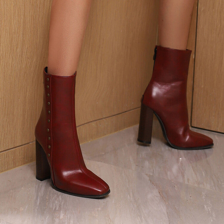 Women's Rivets Pointed Toe Block Heel Short Boots