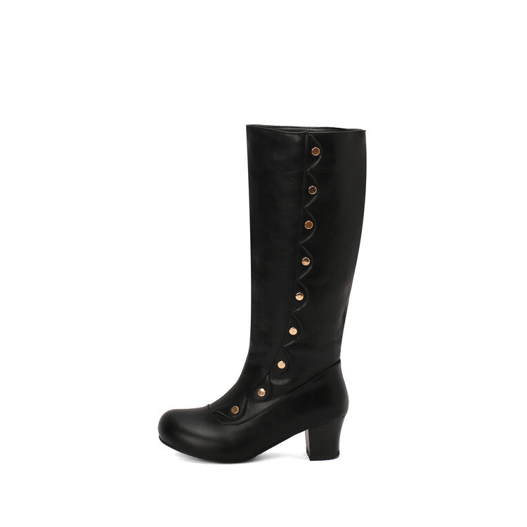 Women's Ruffles Rivets Round Toe Block Heel Knee High Boots