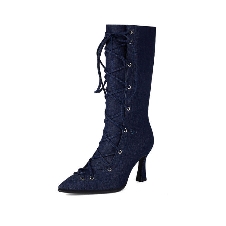 Women's Denim Cross Straps High Heel Mid Calf Boots