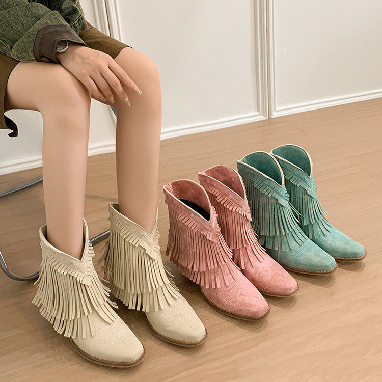 Women's Patchwork Tassel Square Toe Block Heel Short Western Boots