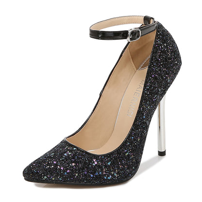 Ladies Sequins Pointed Toe Shallow Ankle Strap Stiletto Heel Pumps