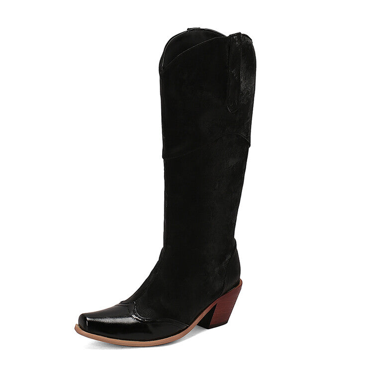Women's Patchwork Pointed Toe Block Heel Knee High Western Boots