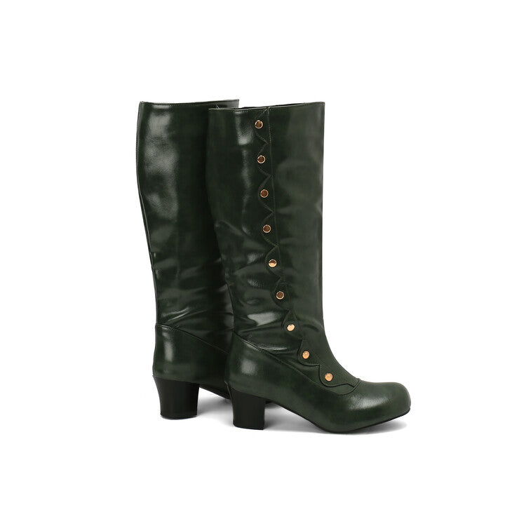 Women's Ruffles Rivets Round Toe Block Heel Knee High Boots