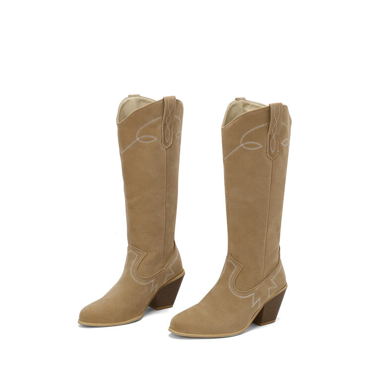 Women's Embroider Pointed Toe Block Heel Knee High Western Boots