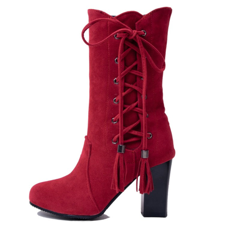 Ladies Zip Lace Up High Heel Mid Calf Boots