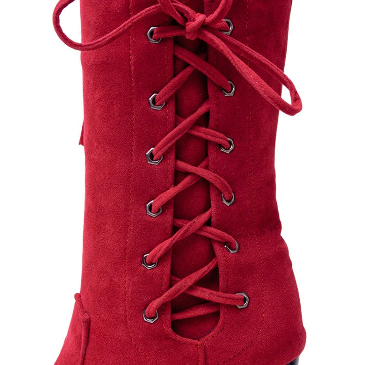 Ladies Zip Lace Up High Heel Mid Calf Boots