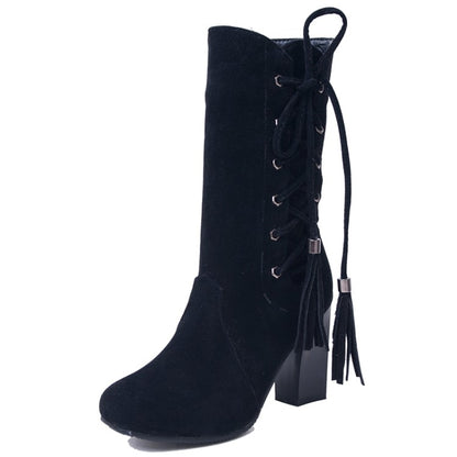 Ladies Zip Lace Up High Heel Mid Calf Boots