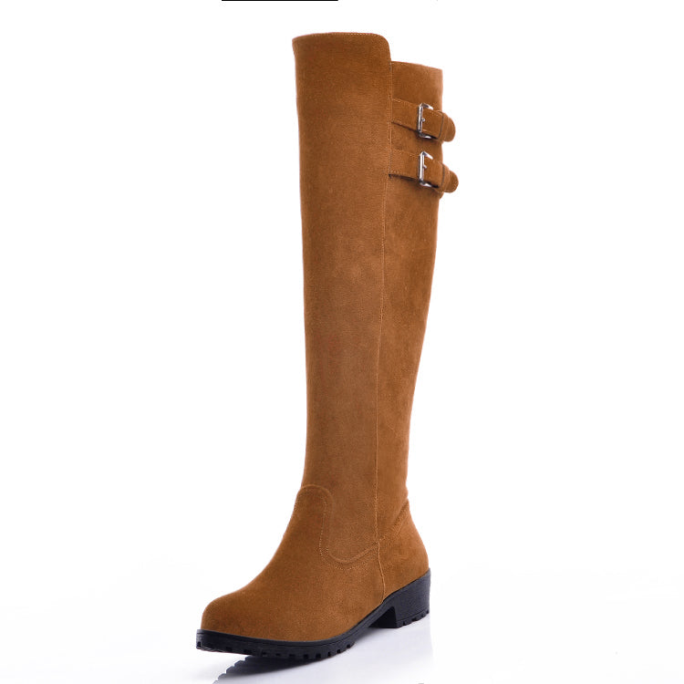 Ladies Buckle Suede Low Heel Knee High Boots