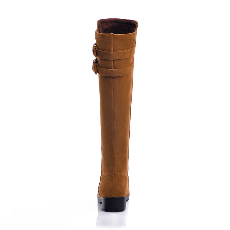 Ladies Buckle Suede Low Heel Knee High Boots