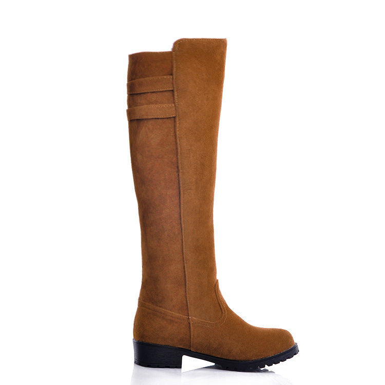 Ladies Buckle Suede Low Heel Knee High Boots