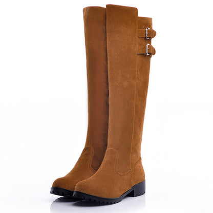 Ladies Buckle Suede Low Heel Knee High Boots