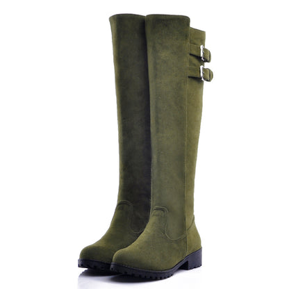 Ladies Buckle Suede Low Heel Knee High Boots