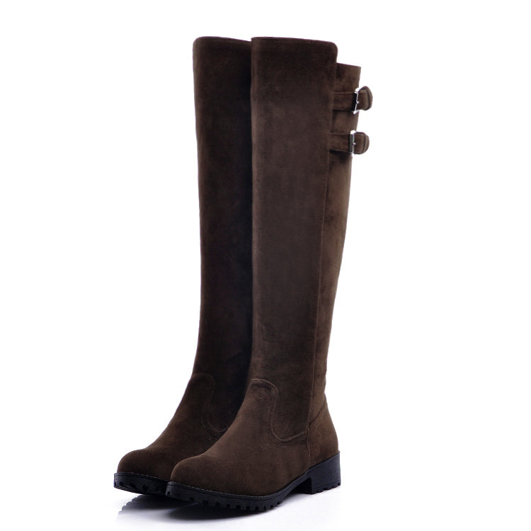 Ladies Buckle Suede Low Heel Knee High Boots