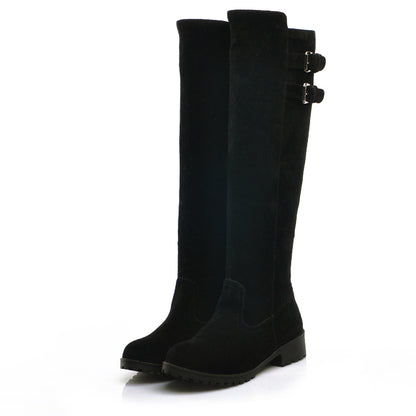 Ladies Buckle Suede Low Heel Knee High Boots