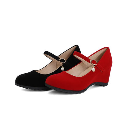 Velvet Platform Wedge Heels Mary Jane Pumps for Women