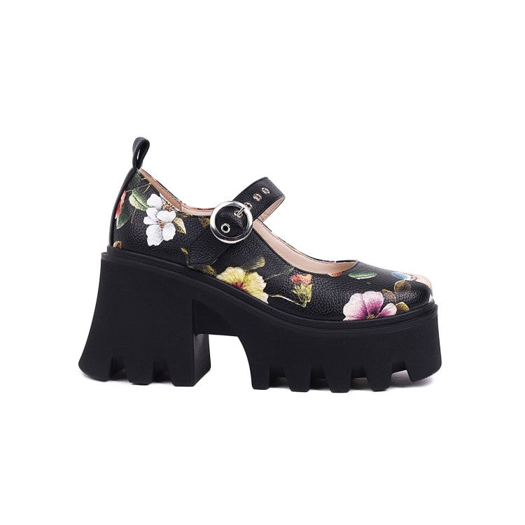 Ladies Flower Printed Mary Jane Platform Block Heels Pumps