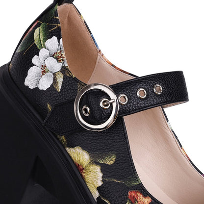 Ladies Flower Printed Mary Jane Platform Block Heels Pumps