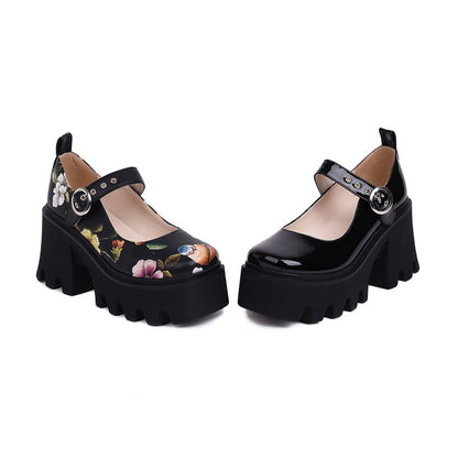 Ladies Flower Printed Mary Jane Platform Block Heels Pumps