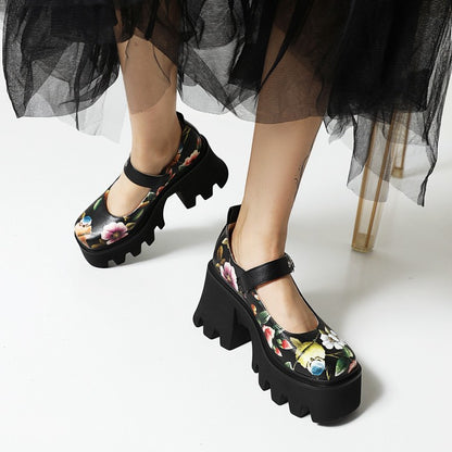 Ladies Flower Printed Mary Jane Platform Block Heels Pumps