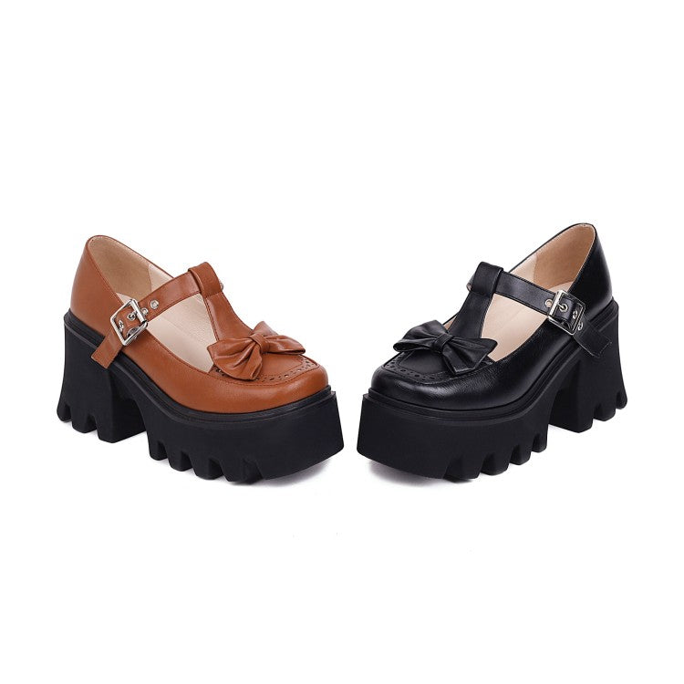 Ladies T Strap Bowtie Block Heels Platform Pumps