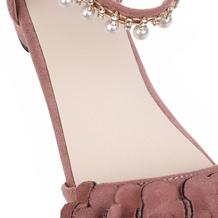 Ladies Flora Ankle Strap Pearls Hollow Out Block Heel Low Heels Sandals