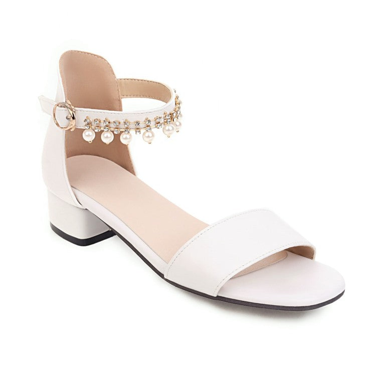 Ladies Solid Color Ankle Strap Pearls Hollow Out Block Heel Low Heels Sandals