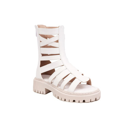 Ladies Solid Color Hollow Out Low Block Heels Gladiator Sandals