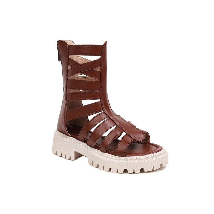 Ladies Solid Color Hollow Out Low Block Heels Gladiator Sandals