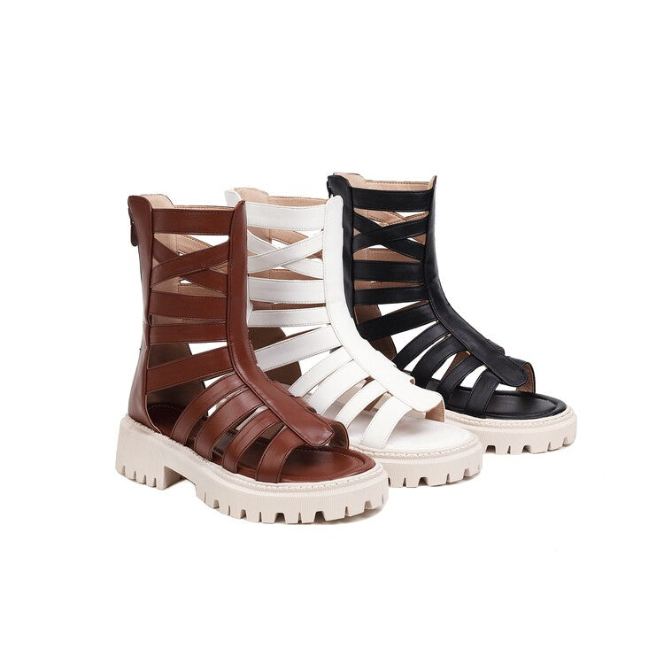 Ladies Solid Color Hollow Out Low Block Heels Gladiator Sandals