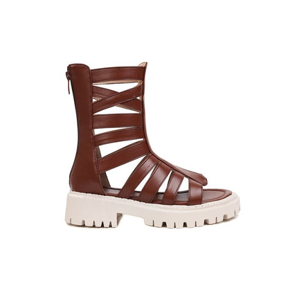 Ladies Solid Color Hollow Out Low Block Heels Gladiator Sandals