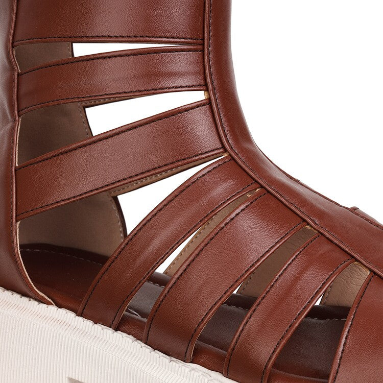 Ladies Solid Color Hollow Out Low Block Heels Gladiator Sandals