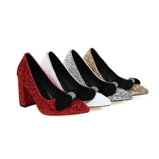 Ladies Pumps Bling Bling Sequins Pointed Toe Butterfly Knot Chunky Heel Wedding Shoes