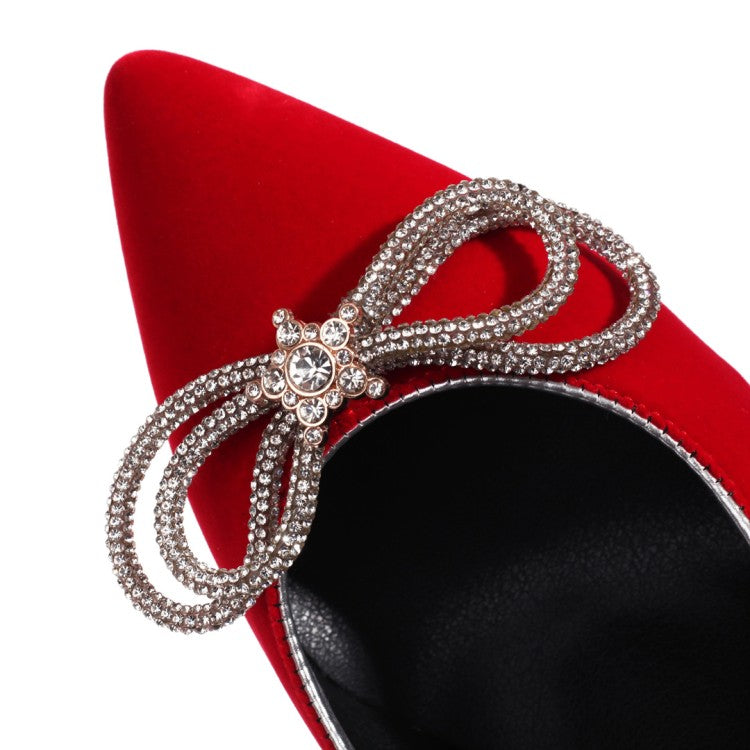 Ladies Pumps Suede Pointed Toe Rhinestone Butterfly Knot Chunky Heel Wedding Shoes