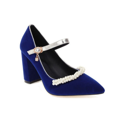 Ladies Pumps Pointed Toe Pearls Beading Ankle Strap Chunky Heel Wedding Shoes