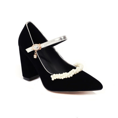 Ladies Pumps Pointed Toe Pearls Beading Ankle Strap Chunky Heel Wedding Shoes