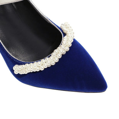 Ladies Pumps Pointed Toe Pearls Beading Ankle Strap Chunky Heel Wedding Shoes