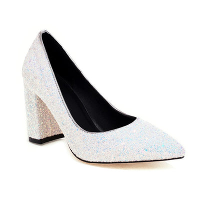 Ladies Pumps Bling Bling Sequins Pointed Toe Chunky Heel Wedding Shoes