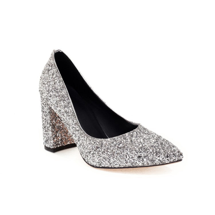 Ladies Pumps Bling Bling Sequins Pointed Toe Chunky Heel Wedding Shoes