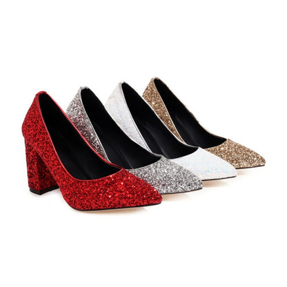 Ladies Pumps Bling Bling Sequins Pointed Toe Chunky Heel Wedding Shoes