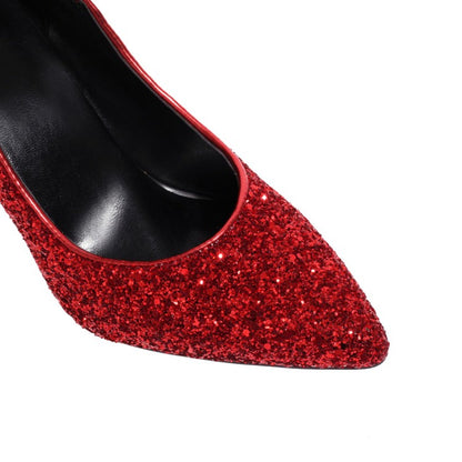 Ladies Pumps Bling Bling Sequins Pointed Toe Chunky Heel Wedding Shoes