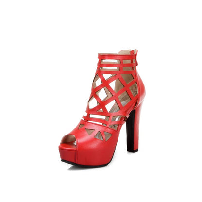 Ladies Solid Color Peep Toe Hollow Out Platform Chunky Heel Sandals