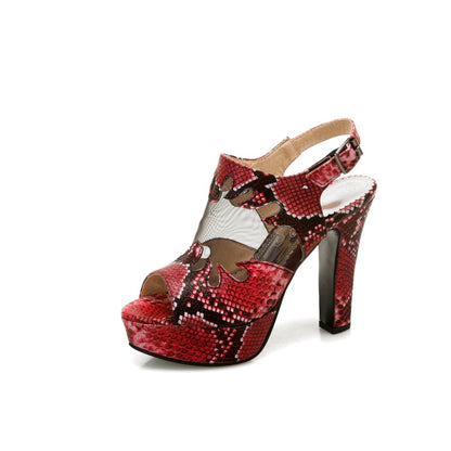 Ladies Snake Print Peep Toe Hollow Out Chunky Heel Platform Sandals