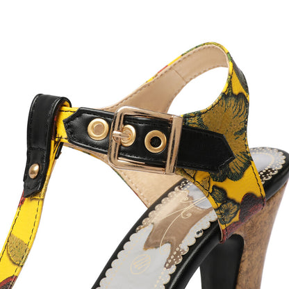 Ladies Colorful Buckle T Ankle Strap Platform Chunky Heel Sandals