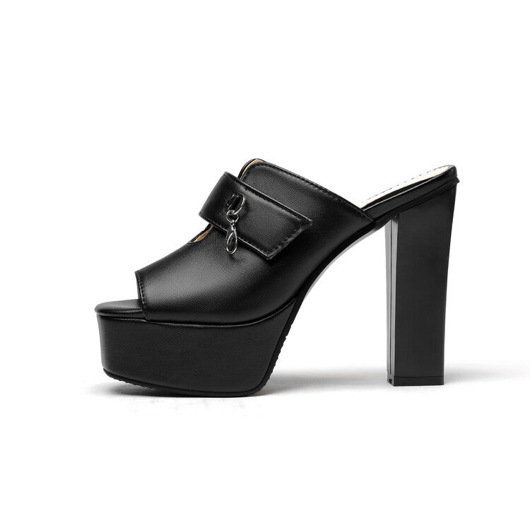 Ladies Solid Color Peep Toe Mules Platform Chunky Heel Sandals