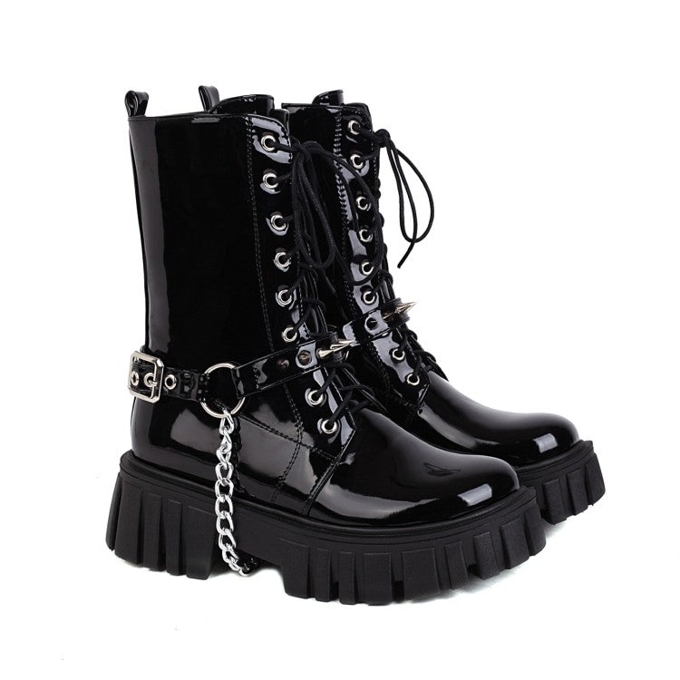 Ladies Square Toe Tied Belts Metal Chains Buckles Platform Short Boots