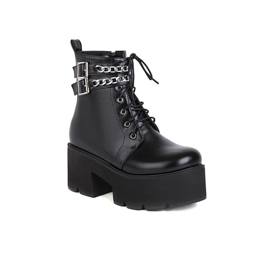 Ladies Square Toe Tied Belts Metal Chains Buckles Block Heel Platform Short Boots