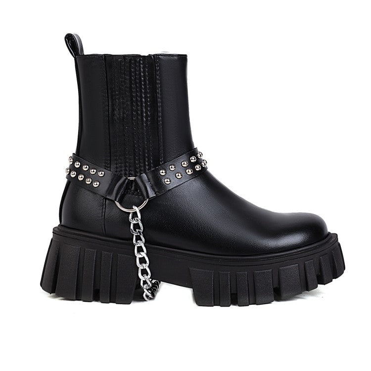 Ladies Glossy Square Toe Rivets Belts Metal Chains Platform Short Boots