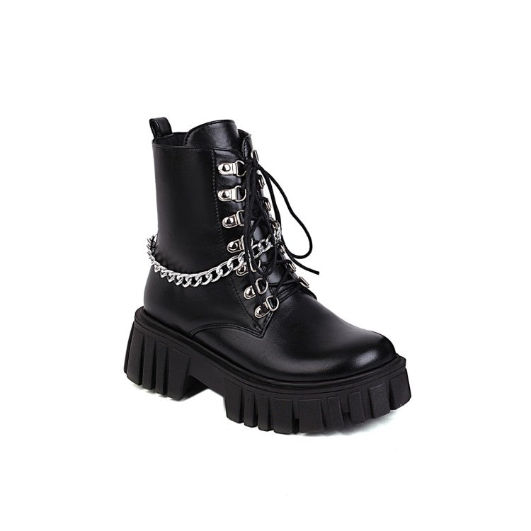 Ladies Pu Leather Metal Chains Lace Up Belts Platform Short Boots