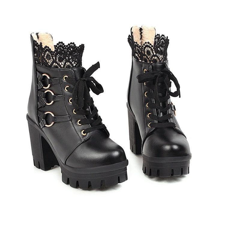 Ladies Lace Up Buckles Lace Chunky Heel Platform Ankle Boots